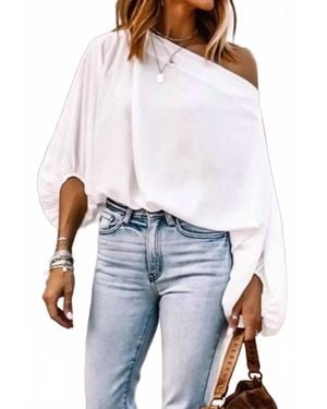 Mazik Wide Boat Neck Puff Sleeve Detail Loose Fit Blouse - White