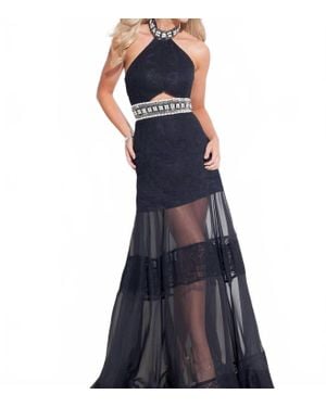 Rachel Allan Halter Lace Chiffon Evening Gown - Blue
