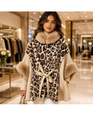 TRUEDAMES Plush Faux Fur Trim Leopard Print Belted Winter Poncho - Natural