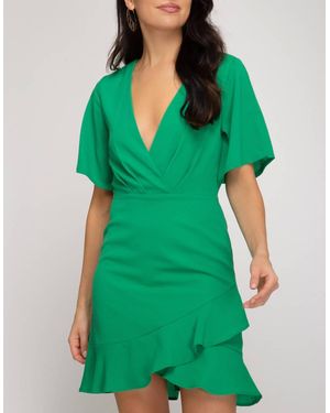 She + Sky Flutter Sleeve Woven Dress - Green