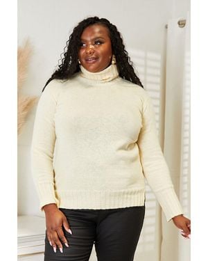 TRUEDAMES Heimish Full Size Long Sleeve Turtleneck Sweater With Side Slit - Natural
