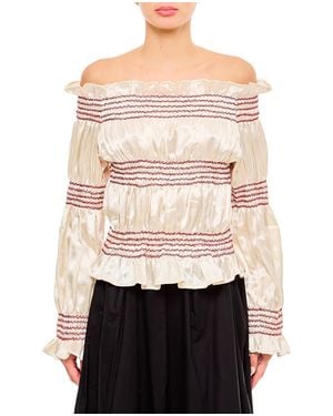 Tigra Tigra Cropped Long-Sleeved Top With Bateau Neckline And Ruched Design - Natural