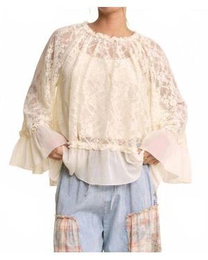 Davi & Dani Sheer Floral Lace Bell Sleeve Blouse - Natural