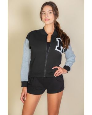 TRUEDAMES Letter Patched Striped Trim Varsity Jacket - Black