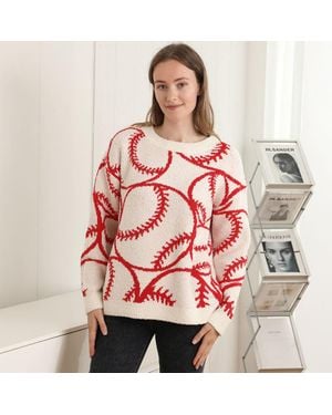 TRUEDAMES Cozy Baseball Crew Neck Sweater - Red