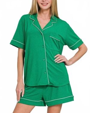 Zenana Button Down Short Sleeve Top And Shorts Lounge Set - Green