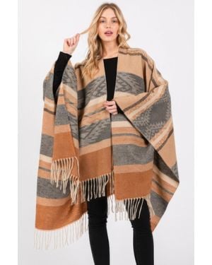 TRUEDAMES Aztec Pattern Fringe Ruana - Gray