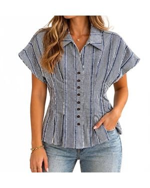 Thml Short Sleeve Stripes Gingham Button Up Top - Gray