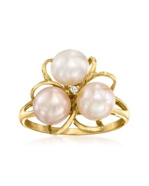 Ross-Simons 6.5Mm Multicolored Cultured Pearl Flower Ring With Single Diamond - Metallic