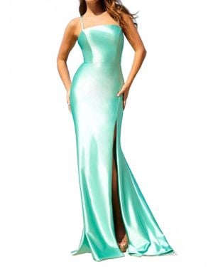 Faviana Satin Straight Neck Slit Lace Up Dress - Green