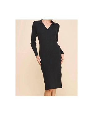 Allie Rose Ribbed V Neck Collar Long Sweater Dress - Black