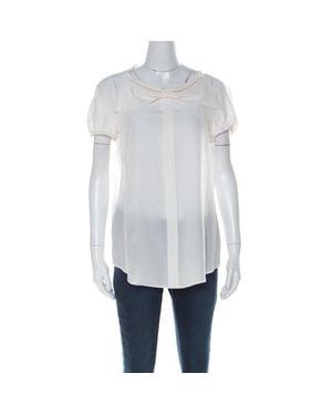Moschino Cream Silk Crepe De Chine Bow Detail Short Sleeve Blouse - White