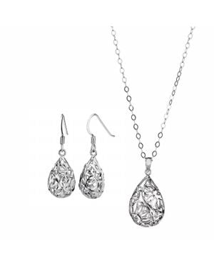 Gold & Honey Pear Shape Filigree Drop Earrings And Pendant Necklace Set - Metallic