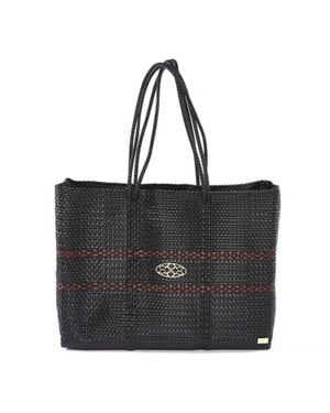 Lolas Bag Travel Woven Line Tote Bag With Clutch - Black