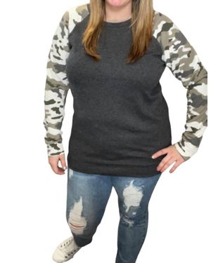 Michelle Mae Camo Sleeve Pullover - Gray