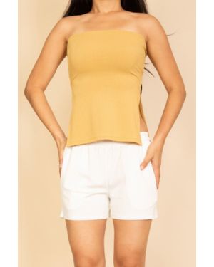 TRUEDAMES Strapless Ribbed Side-Slit Flare Top - Yellow