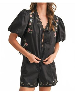 ..,merci Floral Embroidery Lace Trom Top And Shorts Set - Black
