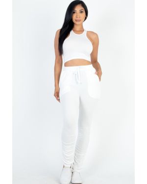 TRUEDAMES Fashnzfab Crop Tank Top & Ruched Pants Set - White
