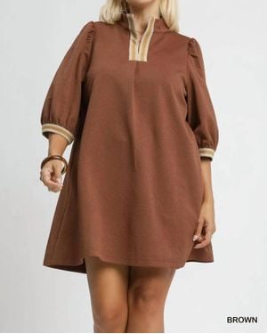 Umgee High Neck Jacquard Mini Dress - Brown