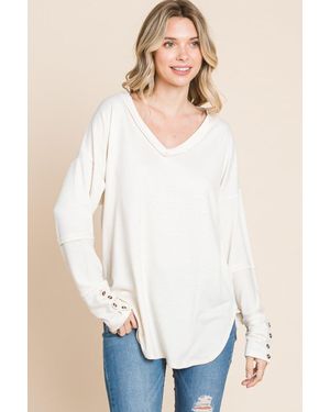 TRUEDAMES Culture Code Full Size V-Neck Dropped Shoulder Blouse - White
