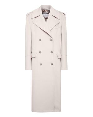 Philipp Plein Wool Coat Long Crystal Skull - White