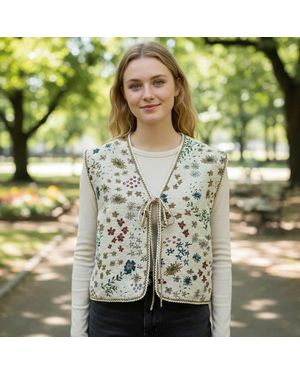 TRUEDAMES Vintage Floral Tapestry Tie Front Vest - Green