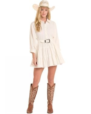 Rock & Roll Denim Buckle Tiered Mini Dress - Natural