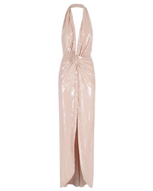 Nissa Powder Deep V-Neck Sequined Drape Mesh Evening Dress - Multicolor