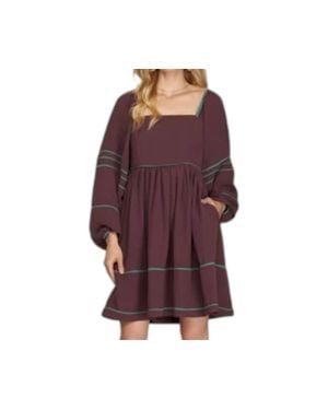 She + Sky Long Sleeve Dress With Contrast Binding Detail Smocked Back - Purple