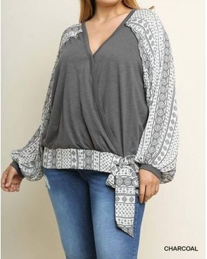 Umgee Surplice Printed Puff Sleeves Plus Top - Gray