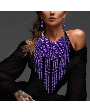 Fashnzfab Pearl Cluster Statement Necklace - Purple