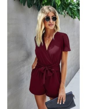 TRUEDAMES Stretch Belted Plunge Neck Wrap Knot Side Romper - Pink