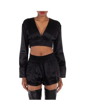 T By Alexander Wang Long-Sleeve Cropped Blouse - Black