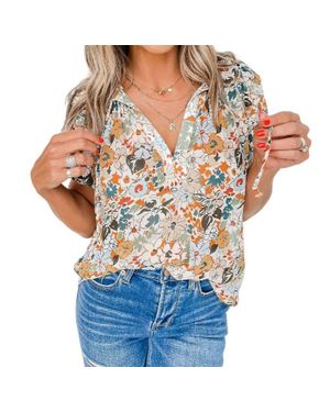 Full Time Purchase Split V Neck Puff Sleeve Blouse - Natural