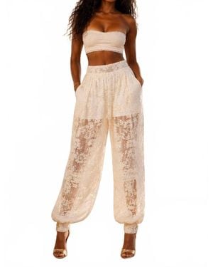 SurelyMine Embroidered Sheer Lace Boho Resort Pants - Natural