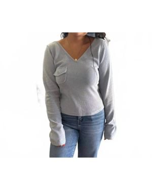Pol Waffle V-Neck Crop Long Sleeve Top - Gray