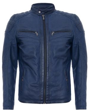 Infinity Leather Leather Vintage Quilted Racing Zipped Biker Jacket - Blue