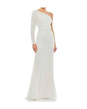 Ieena for Mac Duggal Sequined One Shoulder Trumpet Gown - White