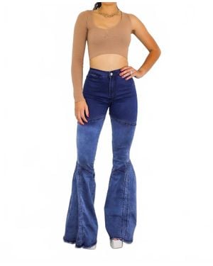 SurelyMine Lined Up Paneled Ombre Flares Bell Bottoms Denim Jeans - Blue