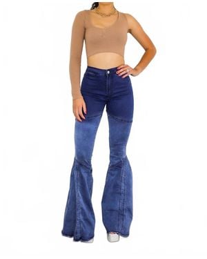 SurelyMine Lined Up Paneled Ombre Flares Bell Bottoms Denim Jeans - Blue