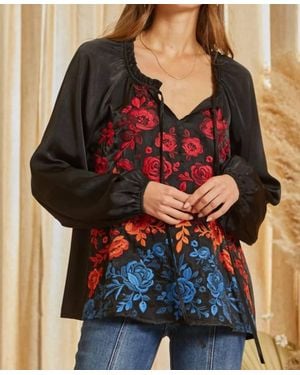 Savanna Jane Tie Neck Peasant Top With Embroidered Flowers - Blue