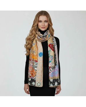 TRUEDAMES Ornate Elephant Motif Printed Oblong Silky Satin Scarf Shawl - Multicolor