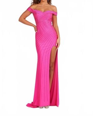 Abby Paris Beaded Off Shoulder Slit Gown - Pink