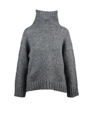 Alpha Studio High Neck Sweater With Ribbed Knit Texture And Lamé Details - Gray