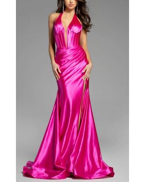 Jovani Halter Satin Gown With Ruched Wrap Skirt - Pink