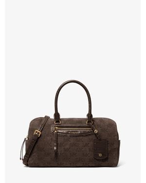 Michael Kors Jet Set Travel Medium Logo Embossed Suede Duffel Crossbody Bag - Brown