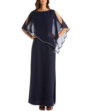 R & M Richards Sheer Cape Long Evening Dress - Blue