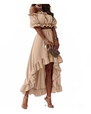 Doublju Tessa Off The Shoulder Cropped Hi Low Ruffled Two Piece Skirt Set - Brown