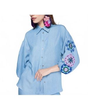 Vilagallo Button Down Embroidered Long Sleeve Blouse - Blue