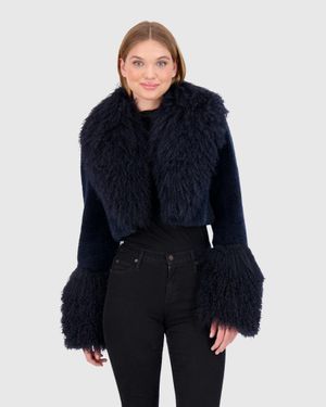 Gorski Sheared Cashmere Goat Bolero With Mongolian Goat Collar & Cuffs - Blue